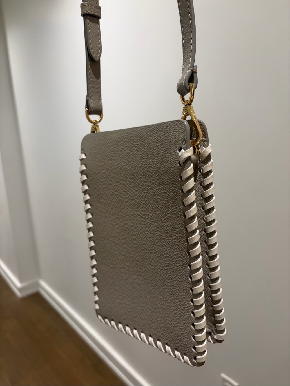Taupe Crossbody Phone Bag with White Whipstitch Trim
